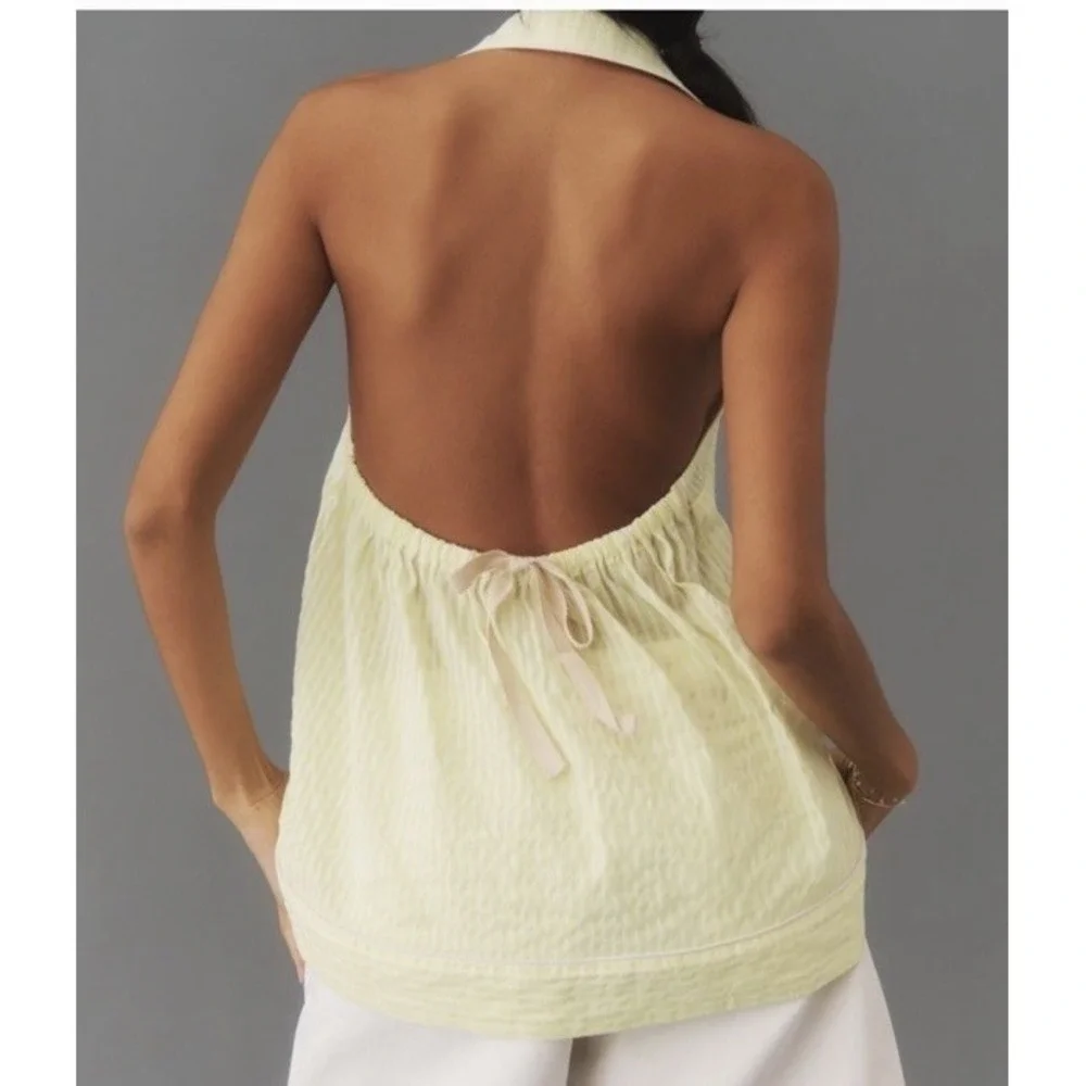 Maeve Anthropologie NWT Yellow & White Striped Button Halter Top Backless XS - Picture 2 of 14